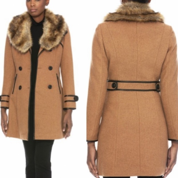 Delilah Wear Jackets & Blazers - vegan wool coat with fur trim hood